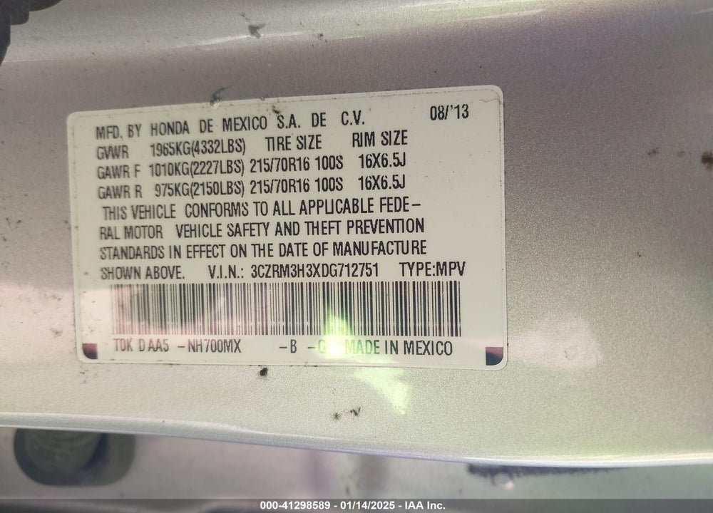 2013 HONDA CR-V LX VIN: 3CZRM3H3XDG712751