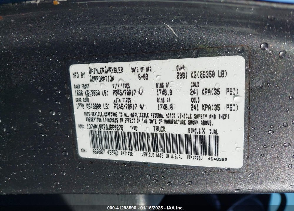 2003 DODGE RAM 1500 ST VIN: 1D7HA16K73J660278