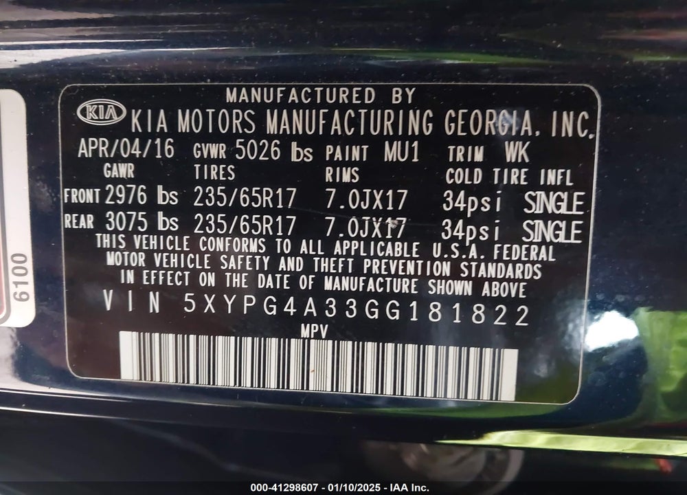 2016 KIA SORENTO 2.4L LX VIN: 5XYPG4A33GG181822