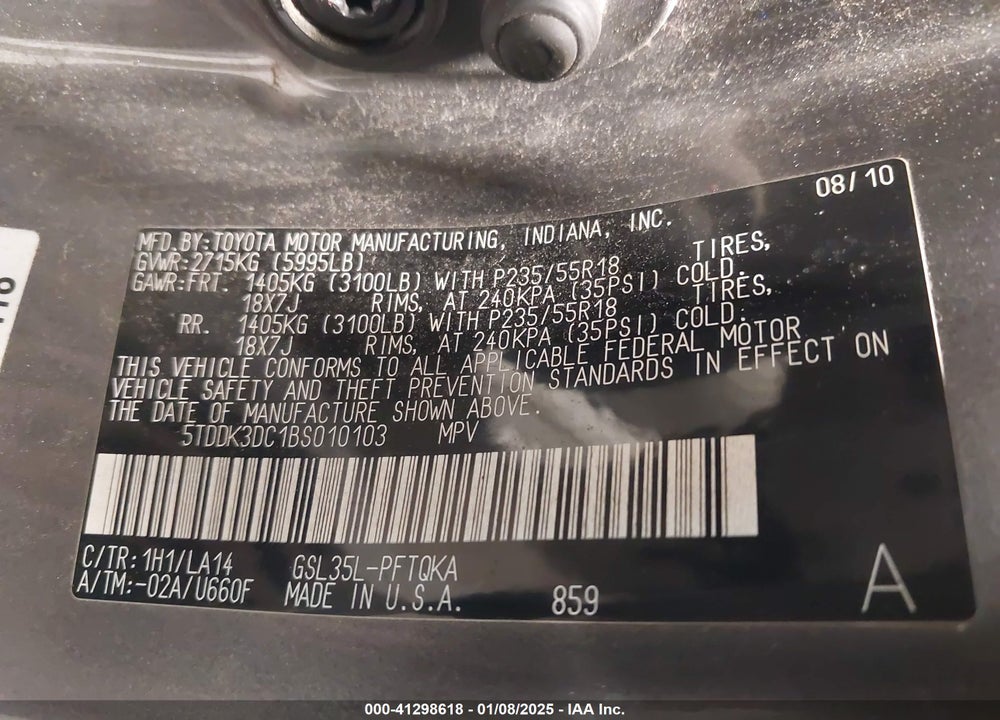 2011 TOYOTA SIENNA XLE LIMITED VIN: 5TDDK3DC1BS010103
