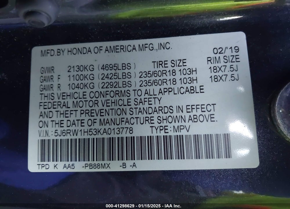 2019 HONDA CR-V EX VIN: 5J6RW1H53KA013778