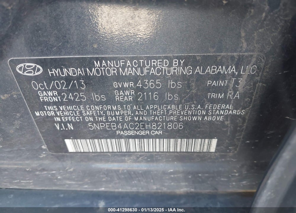 2014 HYUNDAI SONATA VIN: 5NPEB4AC2EH821806