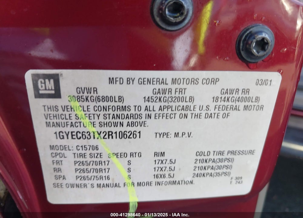2002 CADILLAC ESCALADE STANDARD VIN: 1GYEC63TX2R106261