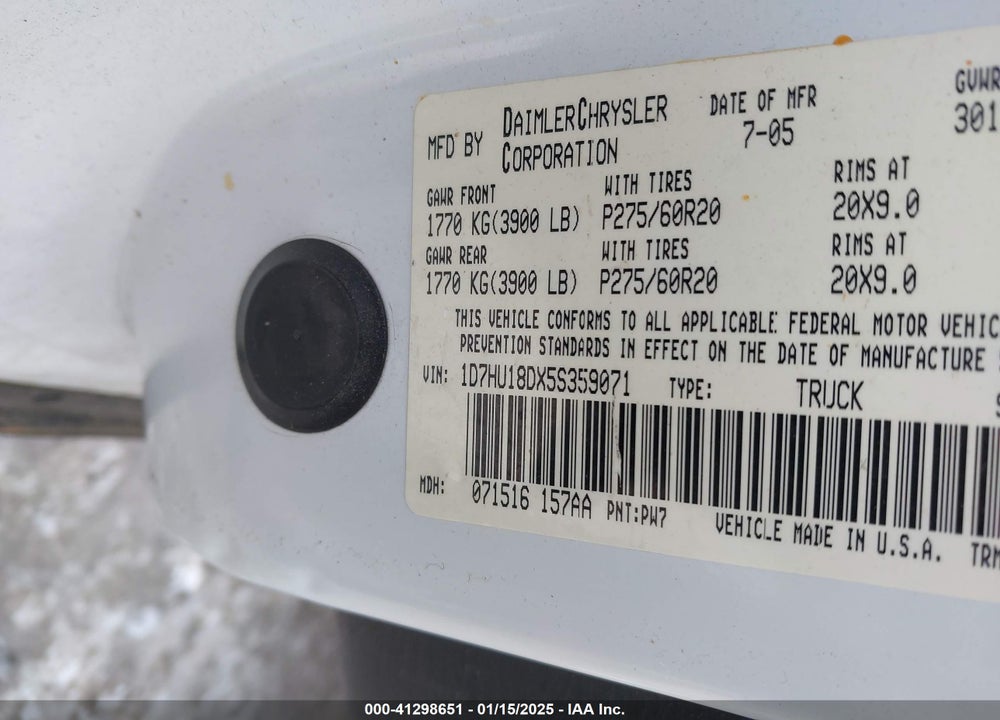 2005 DODGE RAM 1500 SLT/LARAMIE VIN: 1D7HU18DX5S359071