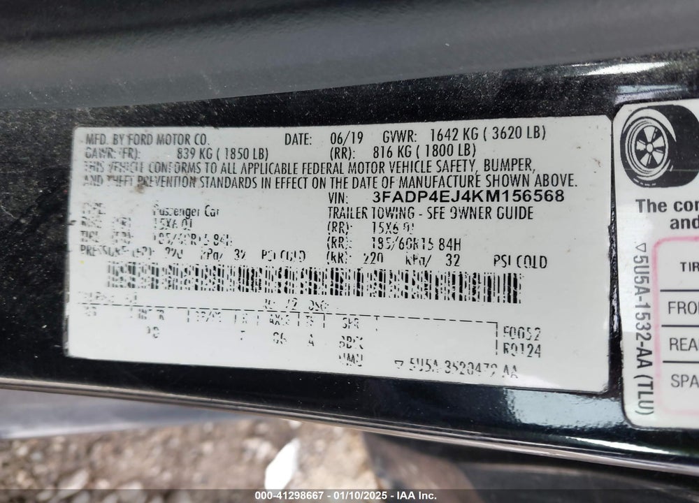 2019 FORD FIESTA VIN: 3FADP4EJ4KM156568