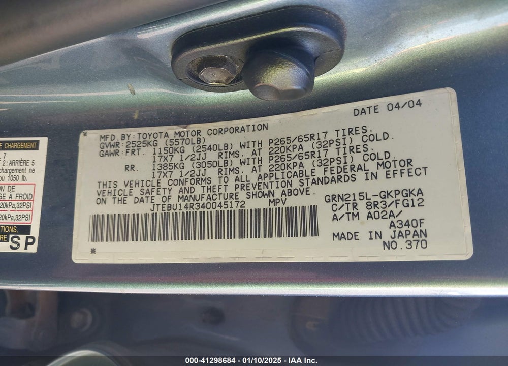 2004 TOYOTA 4RUNNER SR5 V6 VIN: JTEBU14R340045172
