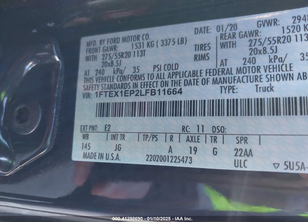 2020 FORD F-150 VIN: 1FTEX1EP2LFB11664