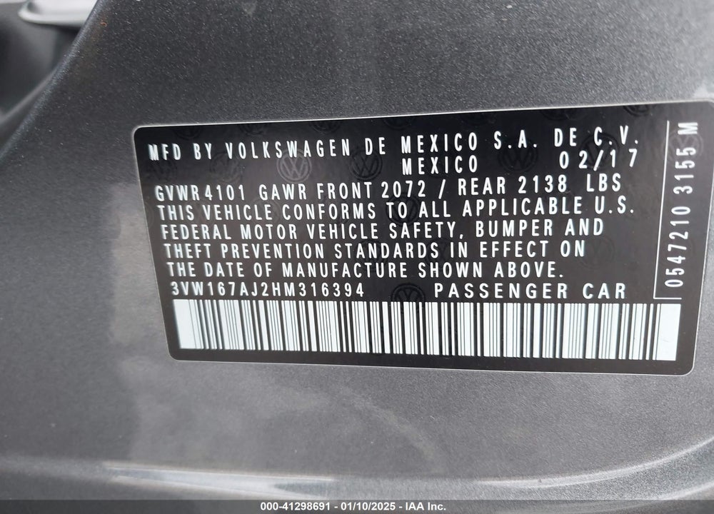 2017 VOLKSWAGEN JETTA VIN: 3VW167AJ2HM316394