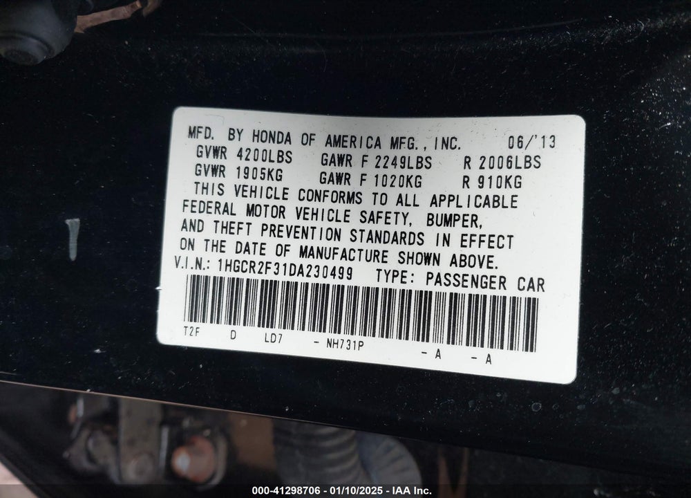 2013 HONDA ACCORD VIN: 1HGCR2F31DA230499