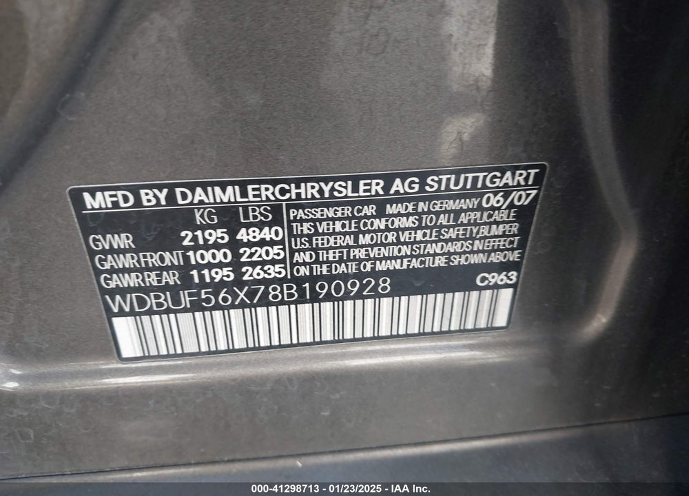 2008 MERCEDES-BENZ E VIN: WDBUF56X78B190928