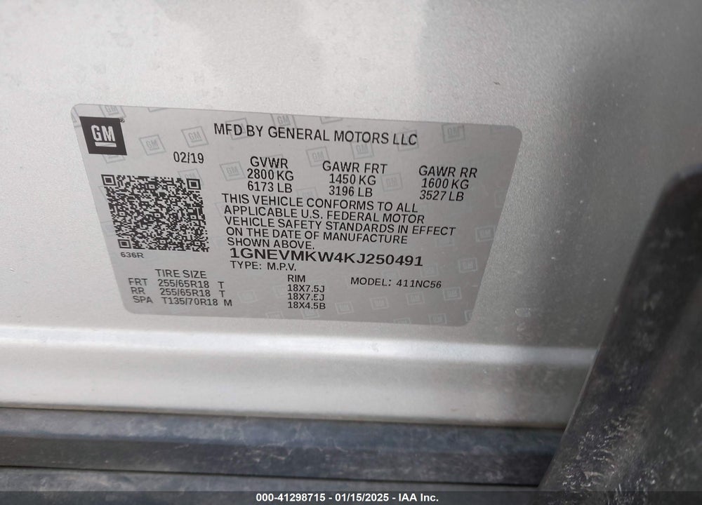 2019 CHEVROLET TRAVERSE 2FL VIN: 1GNEVMKW4KJ250491