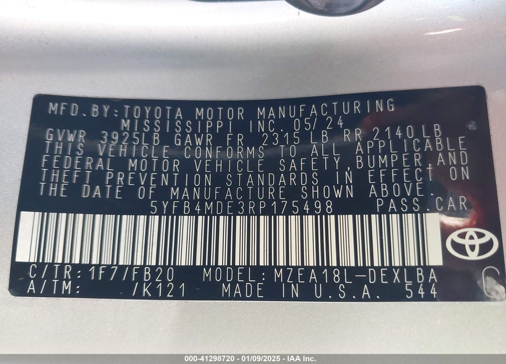2024 TOYOTA COROLLA LE VIN: 5YFB4MDE3RP175498