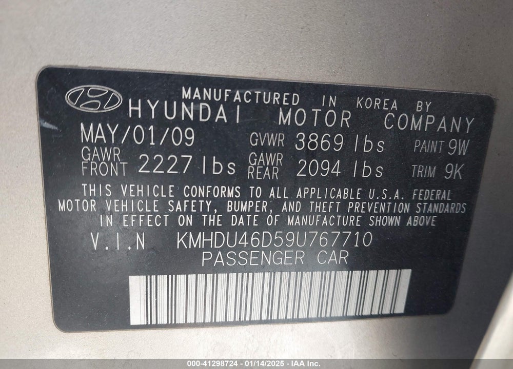 2009 HYUNDAI ELANTRA VIN: KMHDU46D59U767710