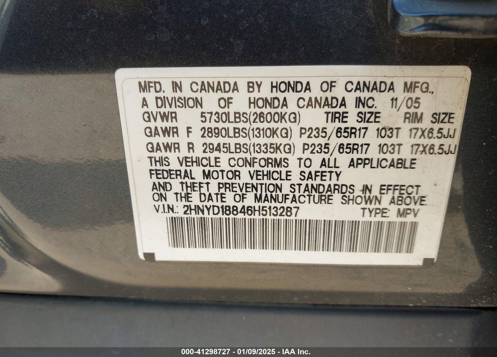 2006 ACURA MDX VIN: 2HNYD18846H513287