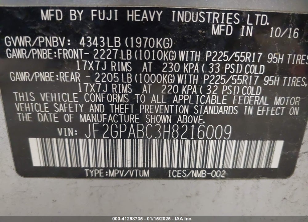 2017 SUBARU CROSSTREK VIN: JF2GPABC3H8216009