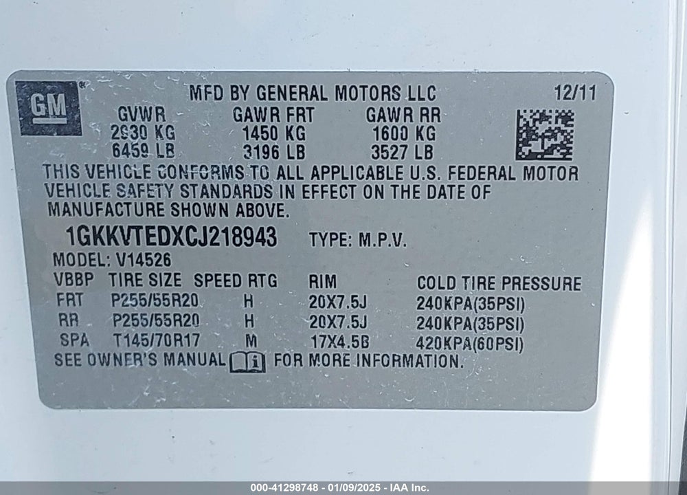 2012 GMC ACADIA DENALI VIN: 1GKKVTEDXCJ218943