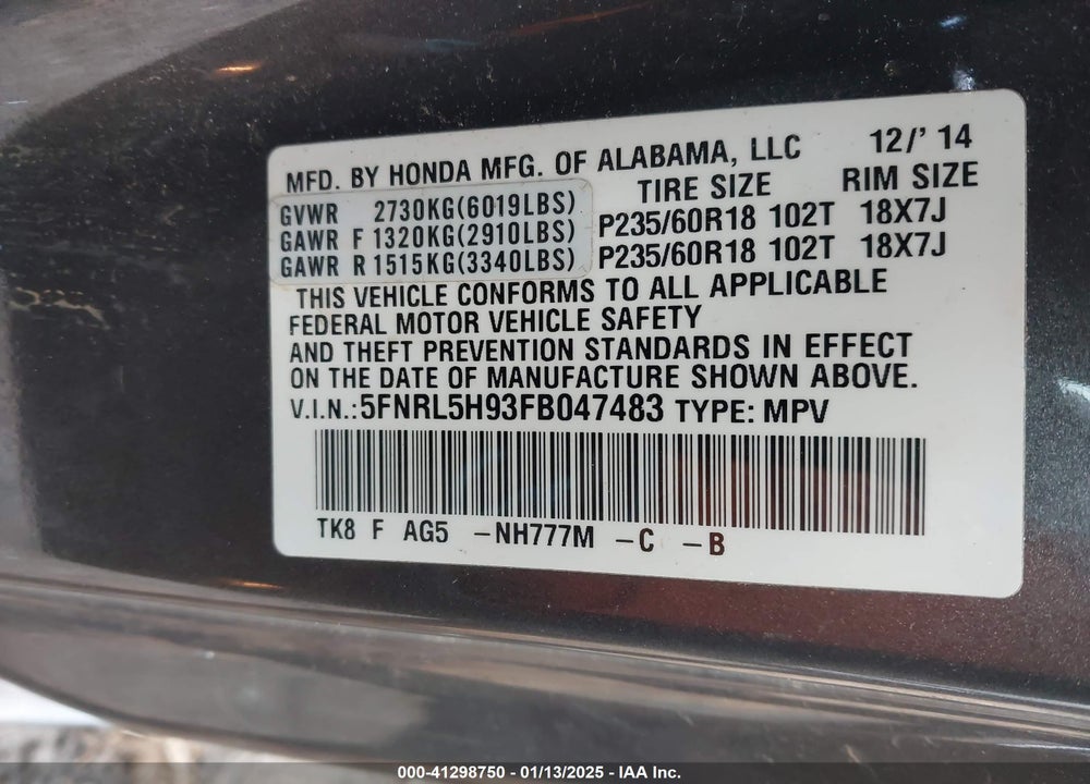 2015 HONDA ODYSSEY TOURING/TOURING ELITE VIN: 5FNRL5H93FB047483