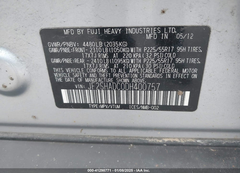 2013 SUBARU FORESTER 2.5X PREMIUM VIN: JF2SHADC0DH400757