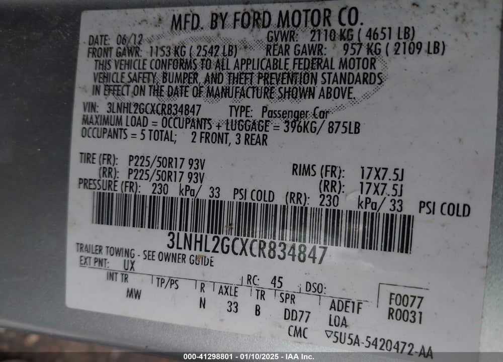 2012 LINCOLN MKZ VIN: 3LNHL2GCXCR834847