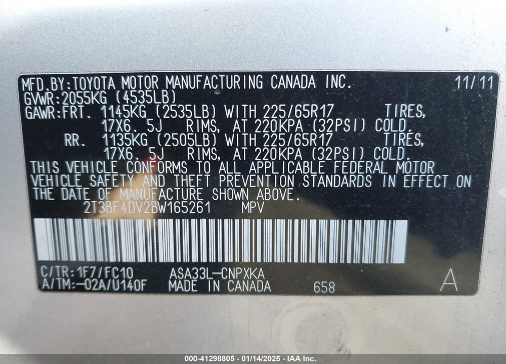 2011 TOYOTA RAV4 VIN: 2T3BF4DV2BW165261