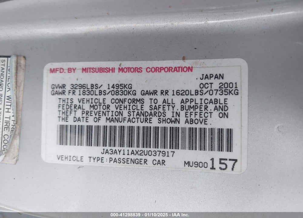 2002 MITSUBISHI MIRAGE DE VIN: JA3AY11AX2U037917