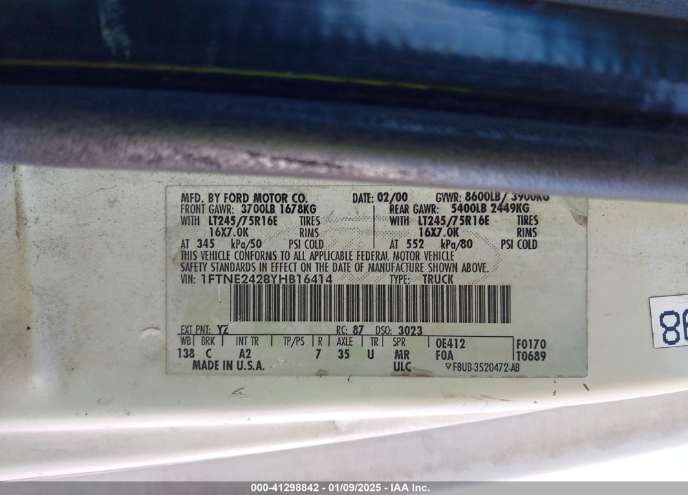 2000 FORD E-250 COMMERCIAL VIN: 1FTNE2428YHB16414