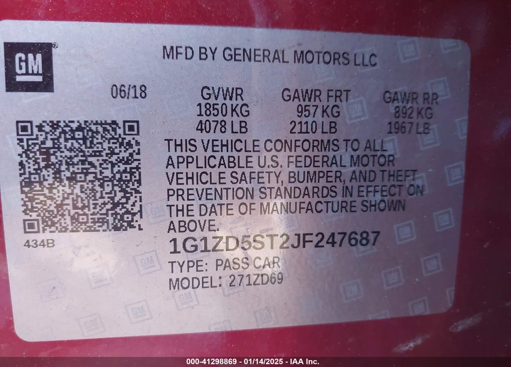 2018 CHEVROLET MALIBU VIN: 1G1ZD5ST2JF247687