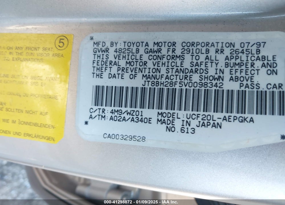 1997 LEXUS LS 400 VIN: JT8BH28F5V0098342