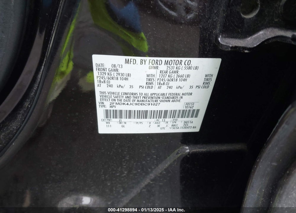 2013 FORD EDGE SEL VIN: 2FMDK4JC9DBC91027
