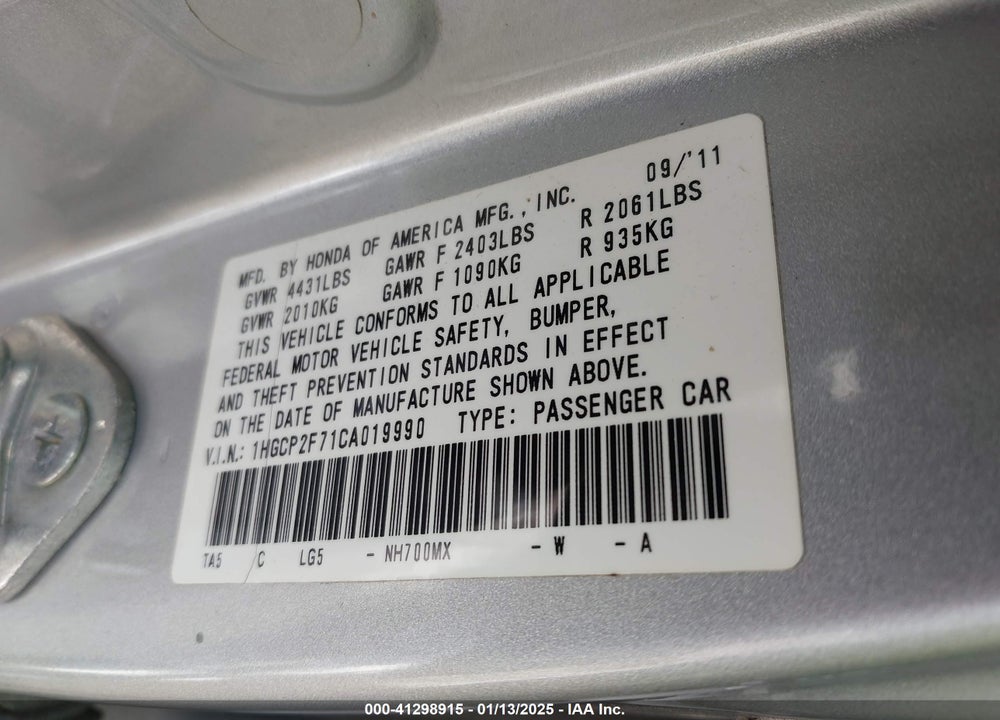2012 HONDA ACCORD VIN: 1HGCP2F71CA019990