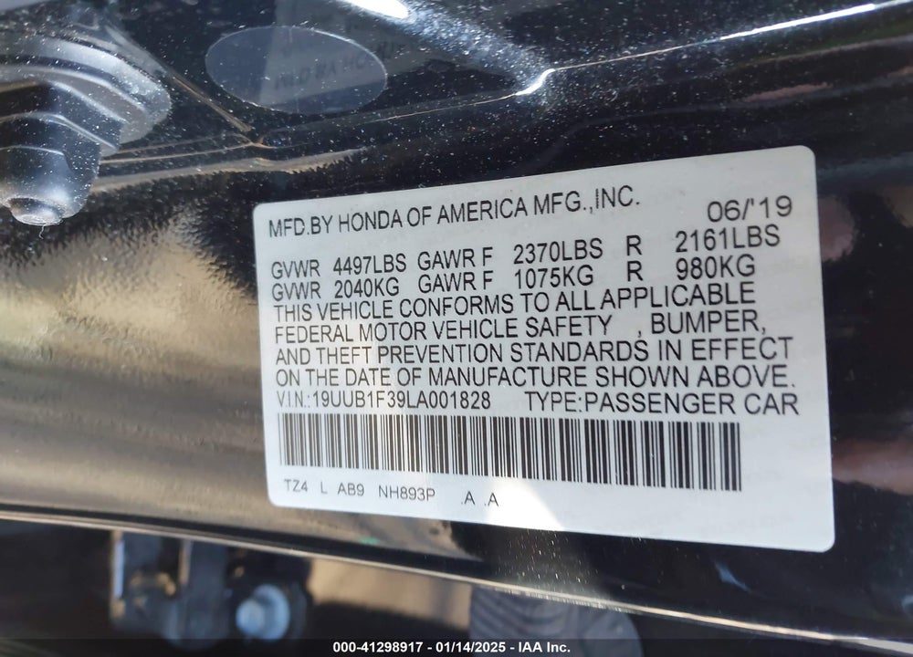 2020 ACURA TLX VIN: 19UUB1F39LA001828