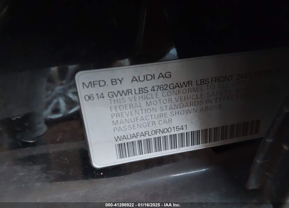 2015 AUDI A4 VIN: WAUAFAFL0FN001541