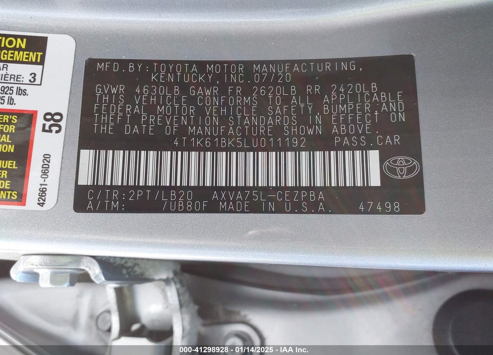 2020 TOYOTA CAMRY VIN: 4T1K61BK5LU011192