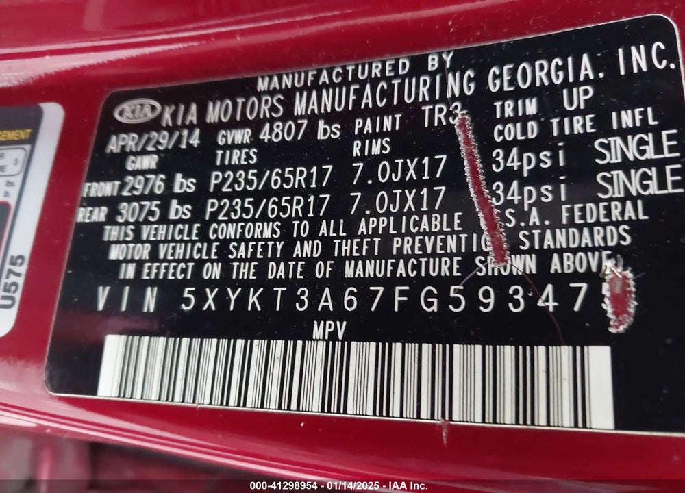2015 KIA SORENTO LX VIN: 5XYKT3A67FG593475