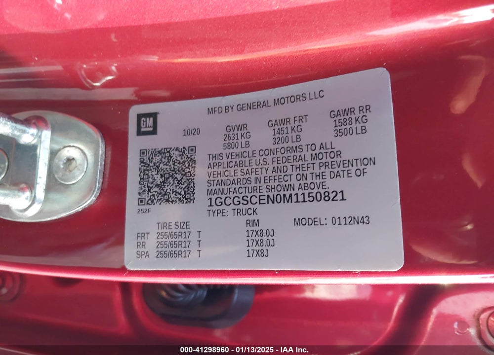 2021 CHEVROLET COLORADO VIN: 1GCGSCEN0M1150821