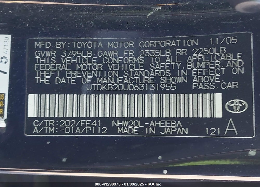 2006 TOYOTA PRIUS VIN: JTDKB20U063131955