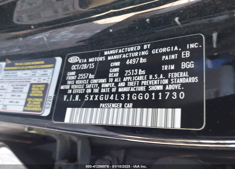 2016 KIA OPTIMA VIN: 5XXGU4L31GG011730