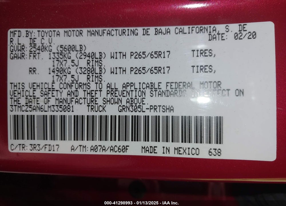 2020 TOYOTA TACOMA TRD SPORT VIN: 3TMCZ5AN6LM335081
