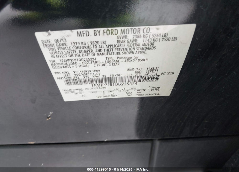 2013 FORD TAURUS LIMITED VIN: 1FAHP2F81DG235324