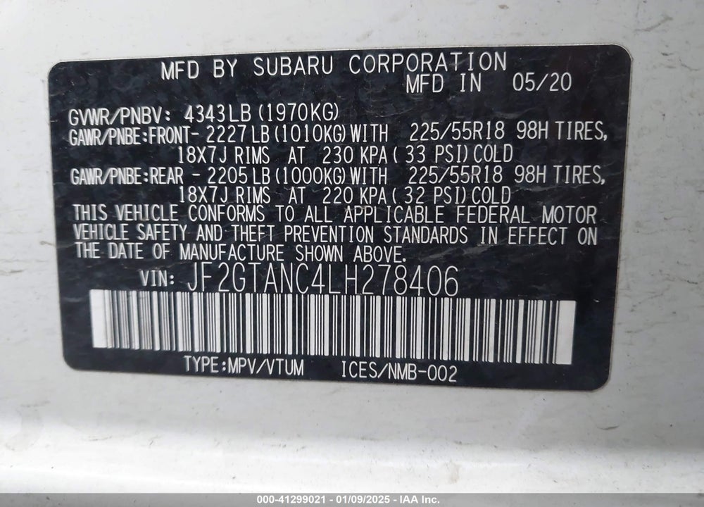2020 SUBARU CROSSTREK LIMITED VIN: JF2GTANC4LH278406