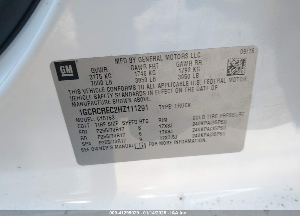 2017 CHEVROLET SILVERADO 1500 VIN: 1GCRCREC2HZ111291