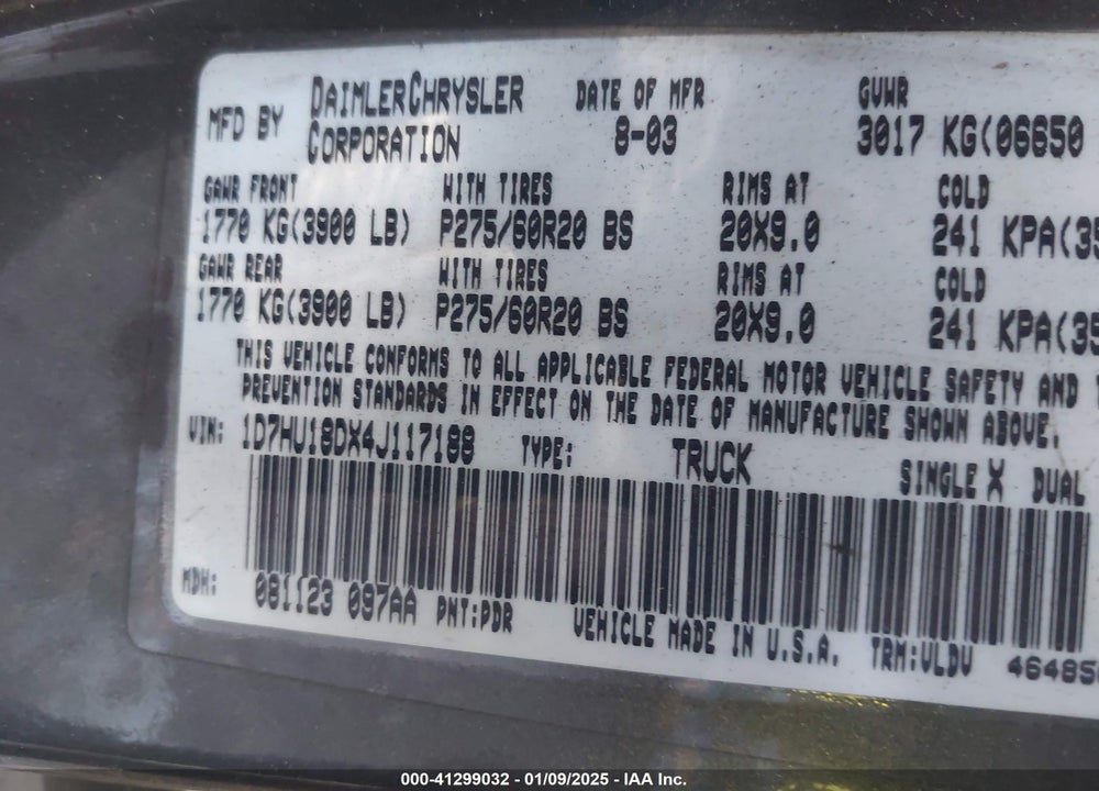 2004 DODGE RAM 1500 SLT/LARAMIE VIN: 1D7HU18DX4J117188