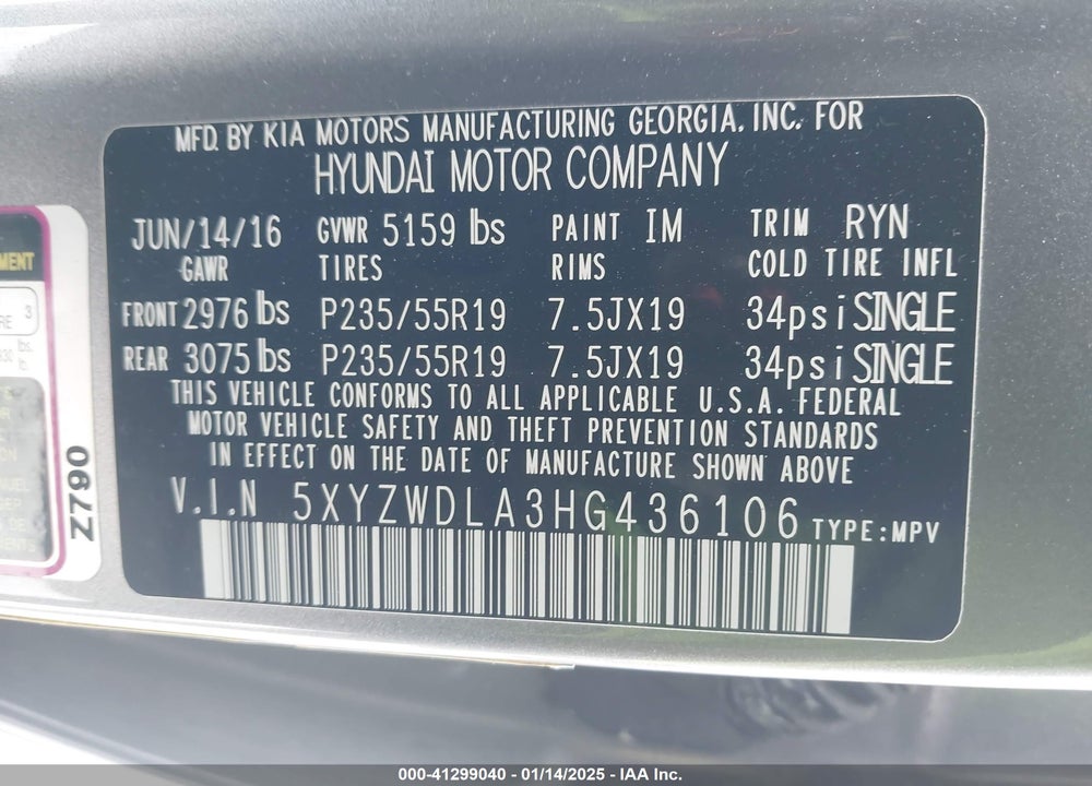 2017 HYUNDAI SANTA FE SPORT 2.0T ULTIMATE VIN: 5XYZWDLA3HG436106