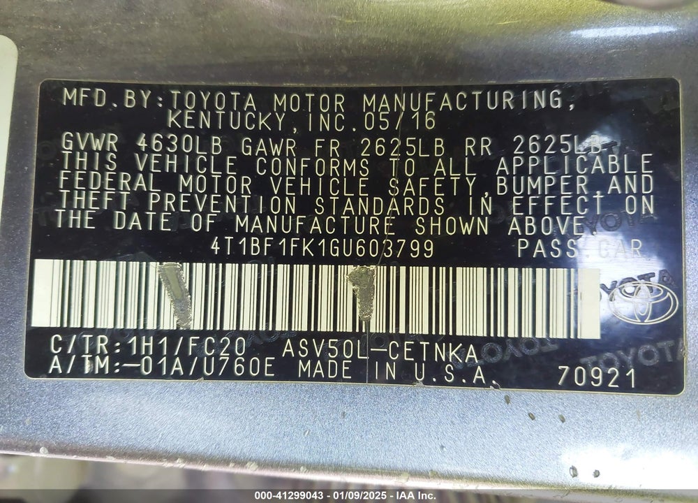 2016 TOYOTA CAMRY VIN: 4T1BF1FK1GU603799