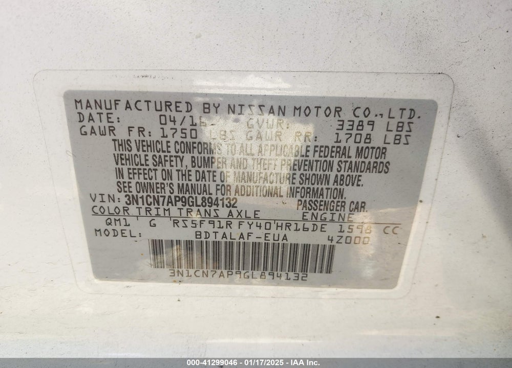 2016 NISSAN VERSA VIN: 3N1CN7AP9GL894132