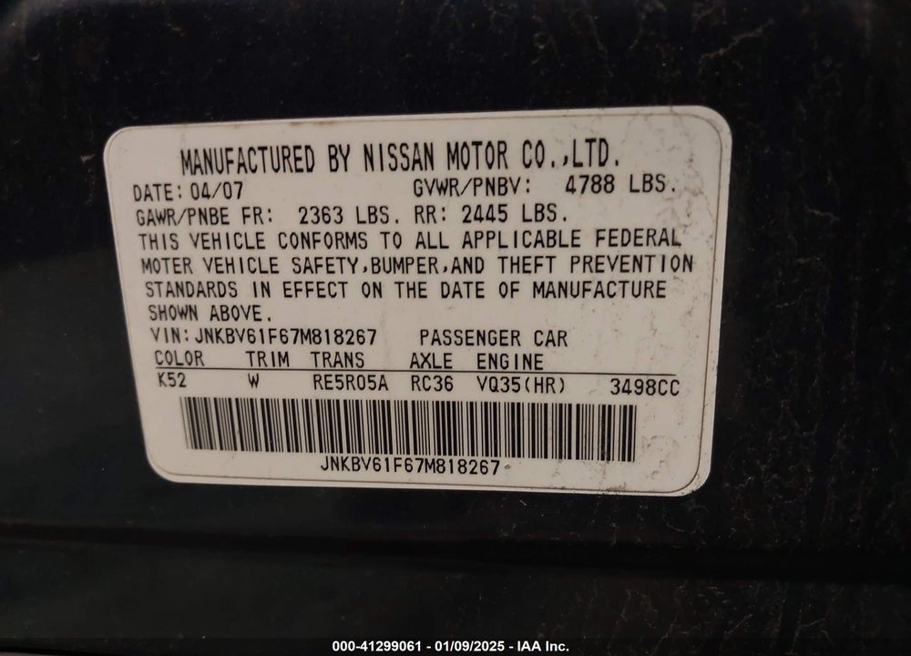 2007 INFINITI G35X VIN: JNKBV61F67M818267