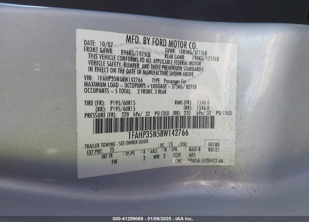 2008 FORD FOCUS VIN: 1FAHP35N58W142766