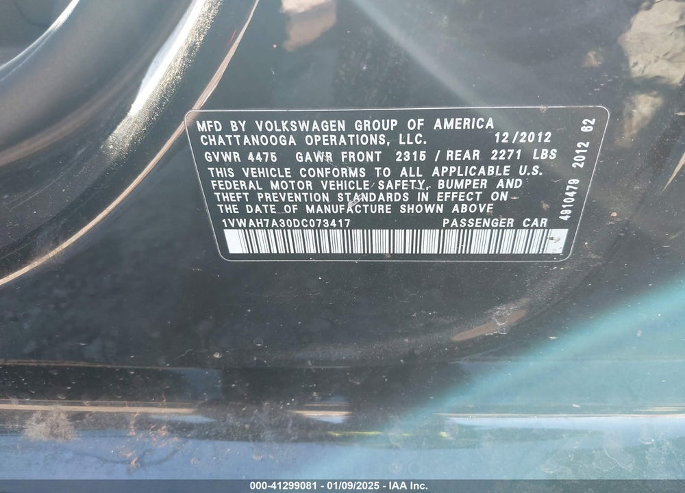 2013 VOLKSWAGEN PASSAT 2.5L S VIN: 1VWAH7A30DC073417
