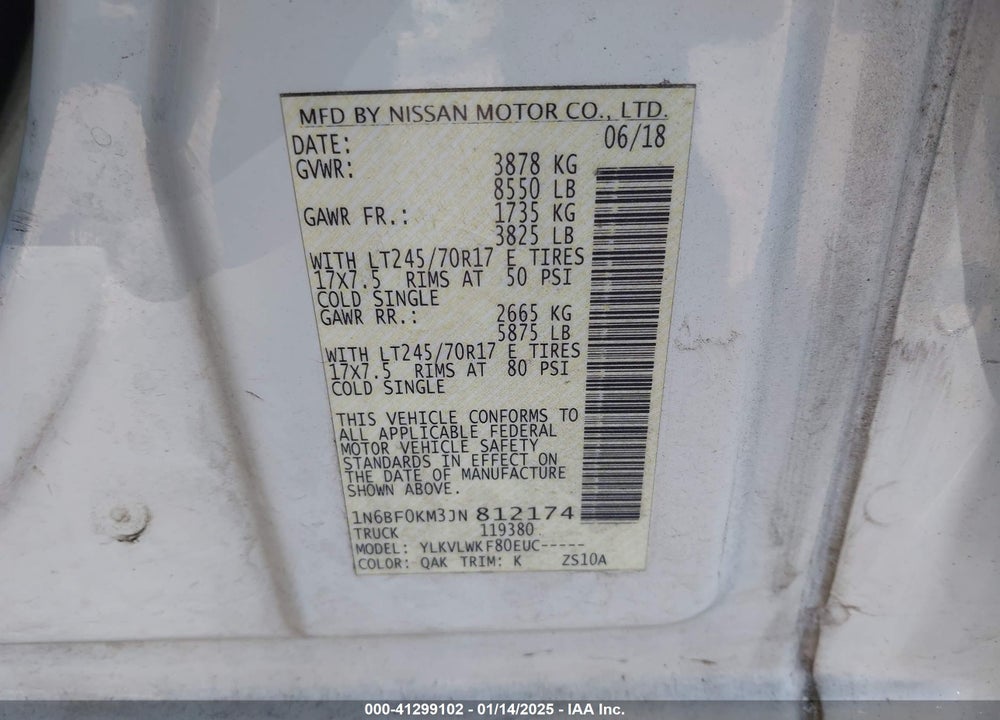2018 NISSAN NV CARGO NV1500 S V6 VIN: 1N6BF0KM3JN812174