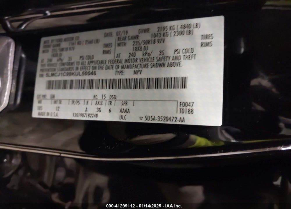 2019 LINCOLN MKC STANDARD VIN: 5LMCJ1C99KUL50046